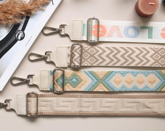 Beige Leather Bag Strap: Women's Patterned Shoulder Strap with Silver Hardware