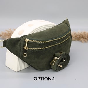 Sac de ventre en cuir suédé vert kaki pour femmes avec options de sangle à motifs supplémentaires, sac à bandoulière en cuir, sac crossbody avec différentes couleurs Option-1