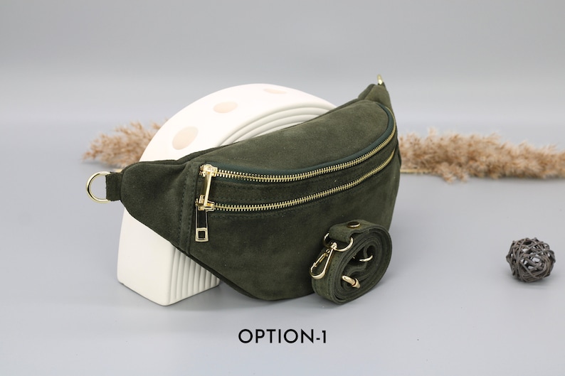 Sac de ventre en cuir suédé vert kaki pour femmes avec options de sangle à motifs supplémentaires, sac à bandoulière en cuir, sac crossbody avec différentes couleurs Option-1