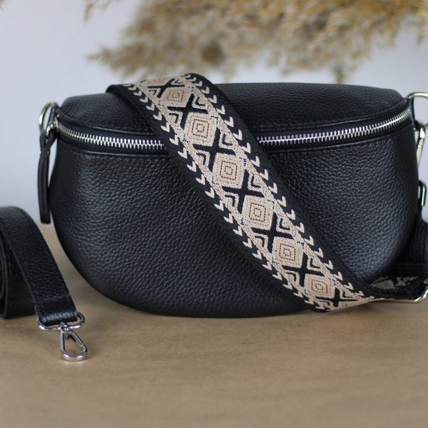 Black Leather Belly Bag for Women with extra Patterned Straps, Leather Shoulder Bag, Crossbody Bag with Different Sizes