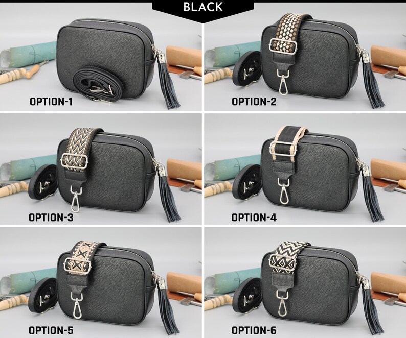 Leder Crossbody Schultertasche für Frauen mit extra gemusterten Riemen, Leder Schultertasche, Crossbody Bag mit verschiedenen Farben Black