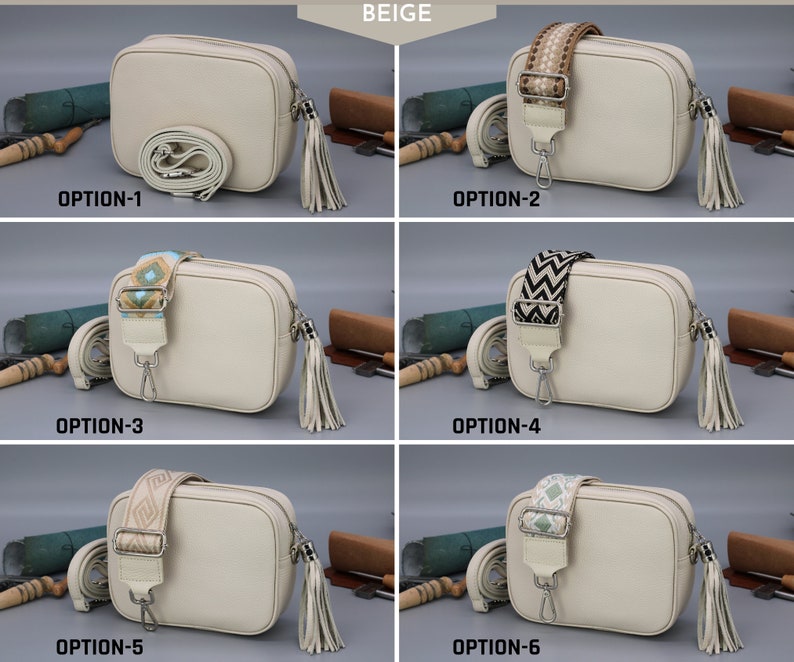 Leder Crossbody Schultertasche für Frauen mit extra gemusterten Riemen, Leder Schultertasche, Crossbody Bag mit verschiedenen Farben Beige