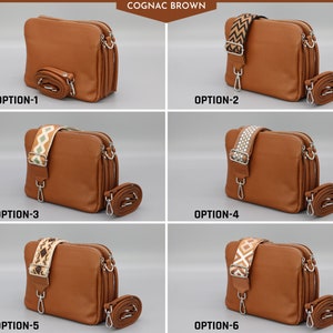 Leder Crossbody Schultertasche für Frauen mit extra gemusterten Riemen, Leder Schultertasche, Crossbody Bag mit verschiedenen Farben Cognac Brown