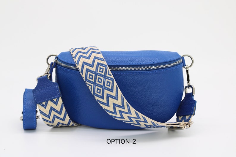 Royal Blau Leder Bauchtasche für Frauen mit extra gemusterten Riemen, Leder Schultertasche, Crossbody Bag mit verschiedenen Größen Option-2