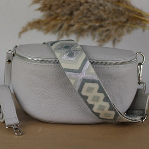 Extra Light Gray Leather Belly Bag for Women with extra Patterned Straps, Leather Shoulder Bag, Crossbody Bag with Different Sizes