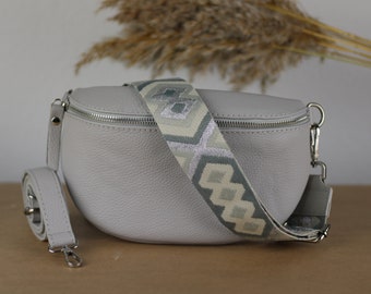 Extra Light Gray Leather Belly Bag for Women with extra Patterned Straps, Leather Shoulder Bag, Crossbody Bag with Different Sizes