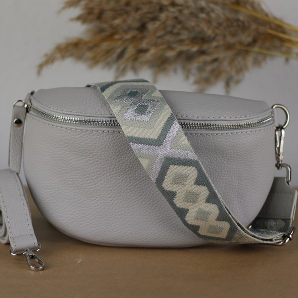 Belly Bag de Piel Extra Gris Claro para Mujer con Correas Estampadas Extra, Bandolera de Piel, Bandolera con Diferentes Tamaños