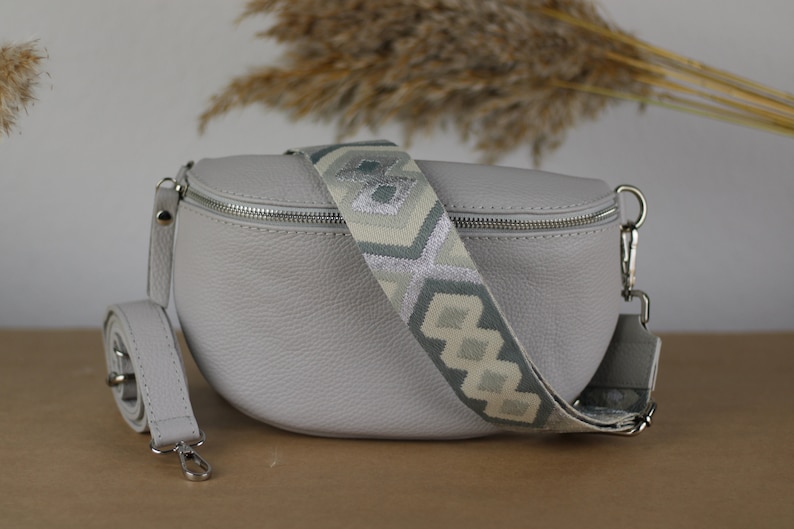 Extra Light Gray Leather Belly Bag for Women with extra Patterned Straps, Leather Shoulder Bag, Crossbody Bag with Different Sizes