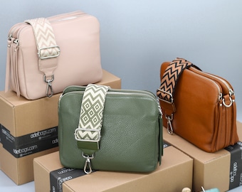 Leren schoudertas voor dames met extra bandjes met patroon, leren schoudertas, crossbodytas met verschillende kleuren