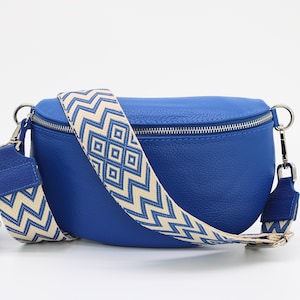 Royal Blue Leather Belly Bag for Women with extra Patterned Straps, Leather Shoulder Bag, Crossbody Bag with Different Sizes