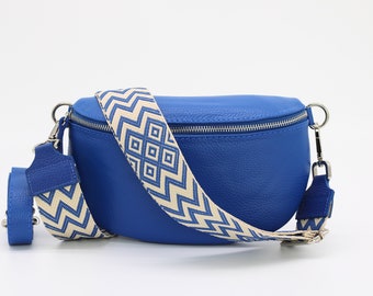 Sac de ventre en cuir bleu royal pour femmes avec sangles à motifs supplémentaires, sac à bandoulière en cuir, sac crossbody de différentes tailles