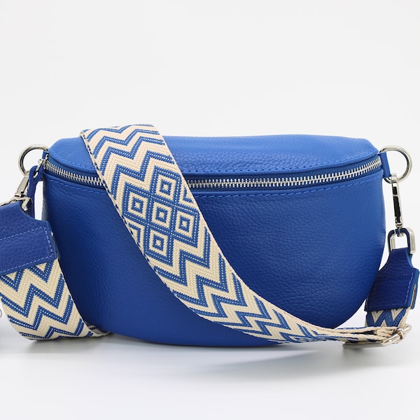 Sac de ventre en cuir bleu royal pour femmes avec sangles à motifs supplémentaires, sac à bandoulière en cuir, sac crossbody de différentes tailles