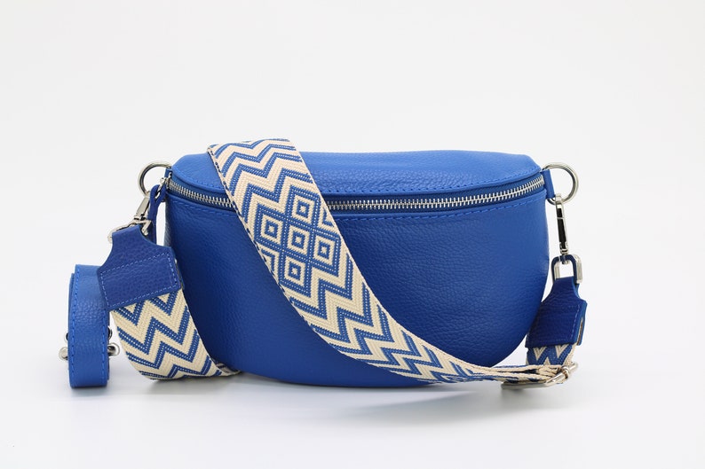 Royal Blue Leather Belly Bag for Women with extra Patterned Straps, Leather Shoulder Bag, Crossbody Bag with Different Sizes