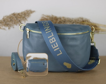 Medium Jeans Blue Gold Leather Belly Bag with zippered pockets, extra Patterned Straps, Leather Shoulder Bag, Crossbody Bag