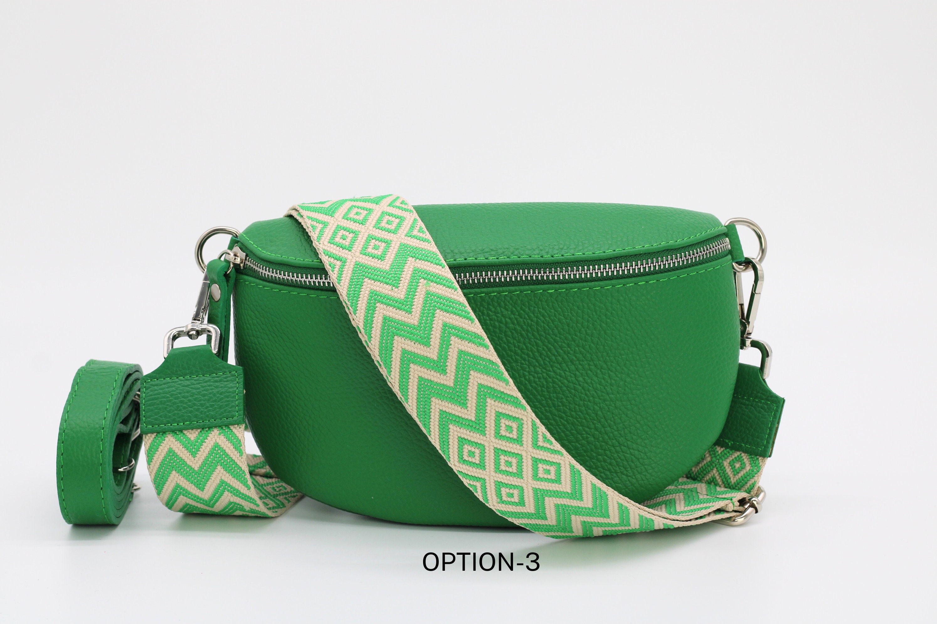 Green Leather Belly Bag for Women With Extra Patterned