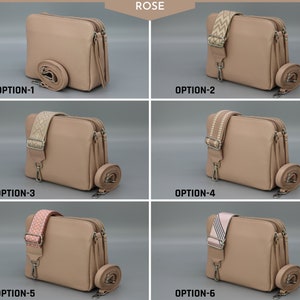 Leren Crossbody schoudertas voor dames met extra patroonriemen, leren schoudertas, Crossbody tas met verschillende kleuren Rose