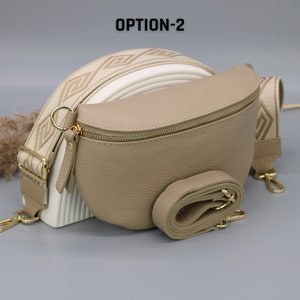 Taupe gouden leren buiktas voor dames met extra patroonriemen, leren schoudertas, crossbodytas met verschillende maten Option-2