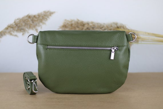 Khaki Green Olive Leather Belly Bag With Silver Zippered