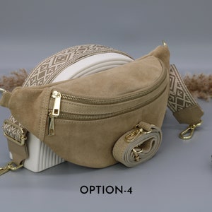 Sac de ventre en cuir taupe en daim pour femmes avec options de sangle à motifs supplémentaires, sac à bandoulière en cuir, sac crossbody avec différentes couleurs Option-4