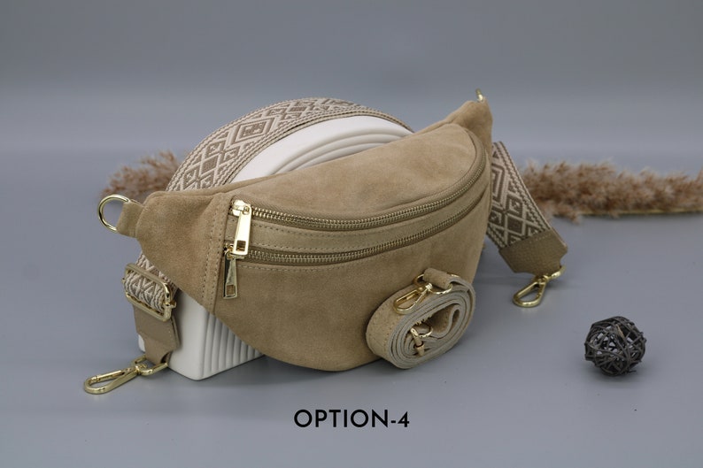 Sac de ventre en cuir taupe en daim pour femmes avec options de sangle à motifs supplémentaires, sac à bandoulière en cuir, sac crossbody avec différentes couleurs Option-4