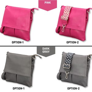 Peut inclure: Quatre sacs &agrave; bandouli&egrave;re roses et gris fonc&eacute;. L'option 1 est de couleur unie, tandis que l'option 2 a une bandouli&egrave;re &agrave; motifs. Les sacs ont une fermeture &agrave; rabat et une bandouli&egrave;re r&eacute;glable. Les mots "PINK" et "DARK GRAY" sont affich&eacute;s au-dessus des sacs.