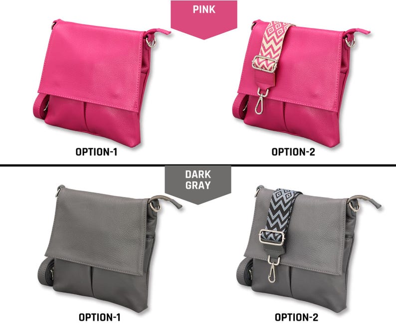 Peut inclure: Quatre sacs &agrave; bandouli&egrave;re roses et gris fonc&eacute;. L'option 1 est de couleur unie, tandis que l'option 2 a une bandouli&egrave;re &agrave; motifs. Les sacs ont une fermeture &agrave; rabat et une bandouli&egrave;re r&eacute;glable. Les mots "PINK" et "DARK GRAY" sont affich&eacute;s au-dessus des sacs.