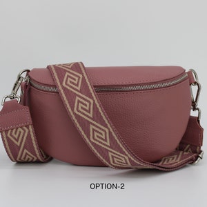 Altrosa Leder Bauchtasche für Frauen mit extra gemusterten Trägern, Leder Schultertasche, Crossbody Tasche mit verschiedenen Größen Option-2