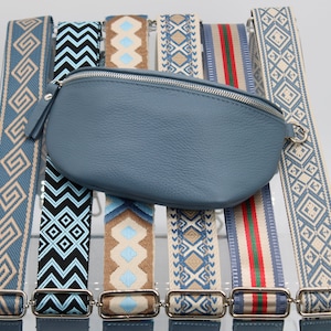 Sac ventre en cuir bleu jean pour femme avec sangles à motifs supplémentaires, sac à bandoulière en cuir, sac à bandoulière avec différentes tailles