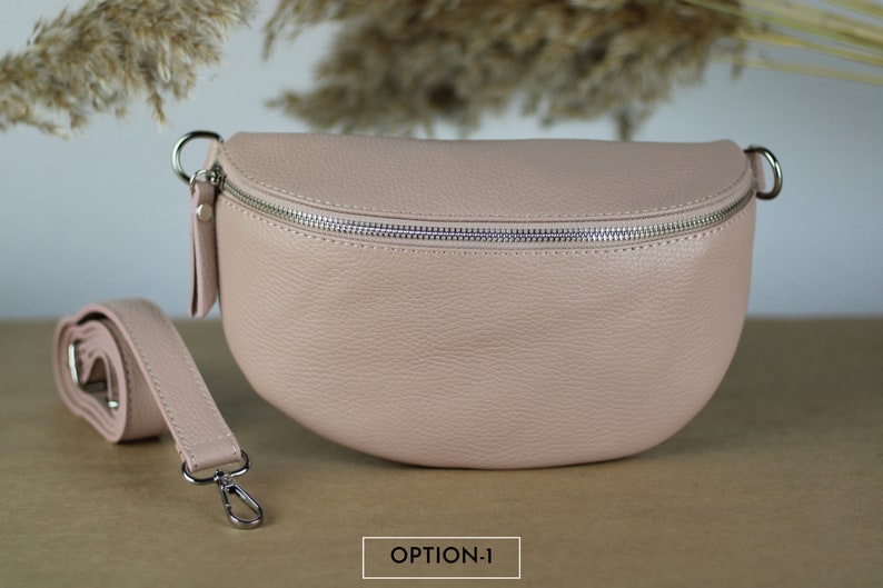 Rose Leder Bauchtasche für Frauen mit extra gemusterten Trägern, Leder Schultertasche, Crossbody Tasche mit verschiedenen Größen, Geschenk für sie Option-1