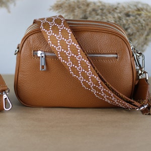 Cognac Brown Leather Shoulder Bag for Women with extra Patterned Straps, Leather Shoulder Bag, Crossbody Bag with zippered Pockets