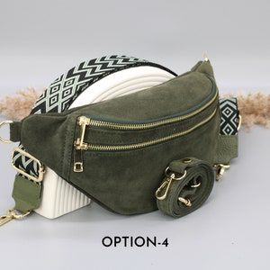 Sac de ventre en cuir suédé vert kaki pour femmes avec options de sangle à motifs supplémentaires, sac à bandoulière en cuir, sac crossbody avec différentes couleurs Option-4