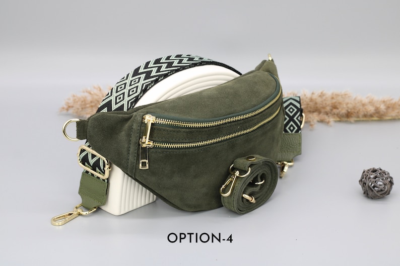 Sac de ventre en cuir suédé vert kaki pour femmes avec options de sangle à motifs supplémentaires, sac à bandoulière en cuir, sac crossbody avec différentes couleurs Option-4