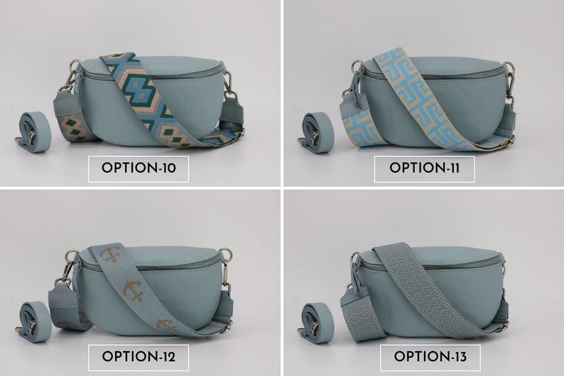 Light Blue Leather Belly Bag for Women with extra Patterned Straps, Leather Shoulder Bag, Crossbody Bag with Different Sizes image 6