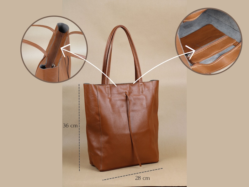 Leder Shopper Tasche, Frauen Schultertasche, große Beuteltasche, Tragetasche mit Reißverschluss, Geschenk für Sie Bild 4