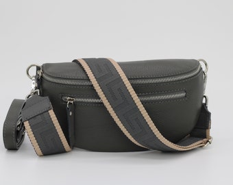 Dunkelgraue Leder-Bauchtasche für Frauen mit zusätzlichen Reißverschlusstaschen, gemusterten Riemenoptionen, Lederumhängetasche, Crossbody-tasche