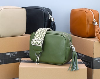 Leren Crossbody schoudertas voor dames met extra patroonriemen, leren schoudertas, Crossbody tas met verschillende kleuren