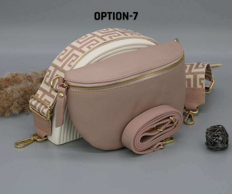 Rose Leder Bauchtasche für Frauen mit goldenem Reißverschluss, extra gemusterte Träger, Leder Schultertasche, Crossbody Tasche mit verschiedenen Größen Bild 8