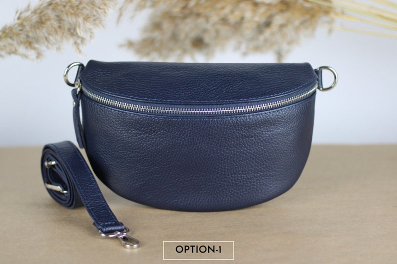 Marineblaue Leder Bauchtasche für Frauen mit extra gemusterten Riemen, Leder Schultertasche, Crossbody Tasche mit verschiedenen Größen Option-1