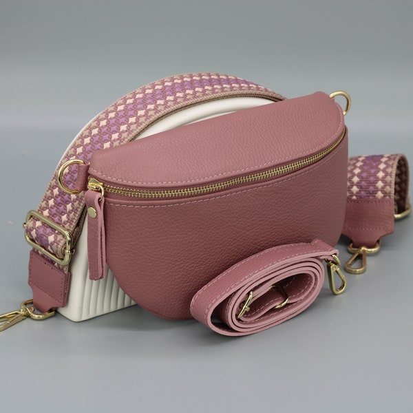 Dusky Pink Altrosa Gold Leather Belly Bag for Women with extra Patterned Straps, Leather Shoulder Bag, Crossbody Bag with Different Sizes