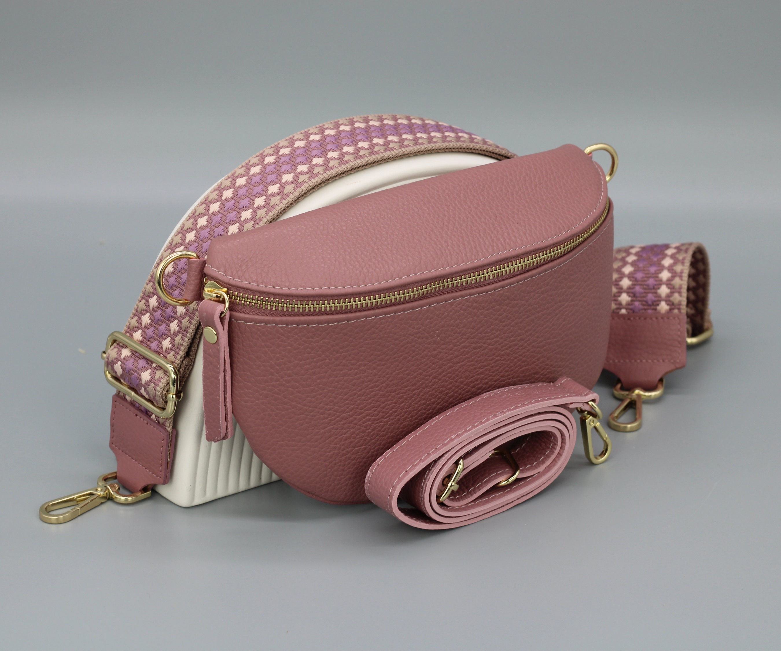 Dusky Pink Altrosa Gold Leather Belly Bag for Women with extra Patterned Straps, Leather Shoulder Bag, Crossbody Bag with Different Sizes