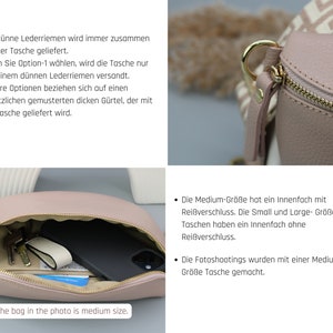 Rose Leder Bauchtasche für Frauen mit goldenem Reißverschluss, extra gemusterte Träger, Leder Schultertasche, Crossbody Tasche mit verschiedenen Größen Bild 9