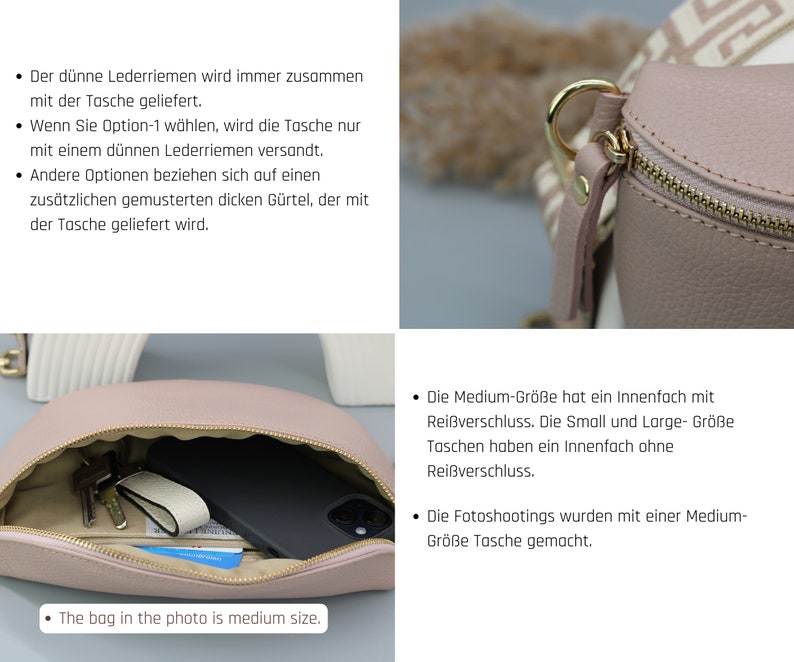 Rose Leder Bauchtasche für Frauen mit goldenem Reißverschluss, extra gemusterte Träger, Leder Schultertasche, Crossbody Tasche mit verschiedenen Größen Bild 9