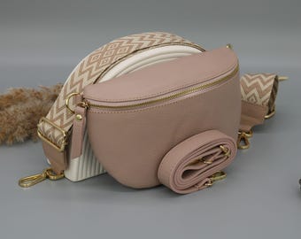Rose Leather Belly Bag: Gold Zipper, Patterned Strap Options
