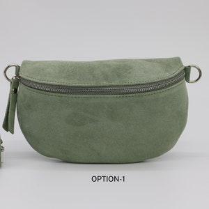 Wildleder Mint Grüne Leder Bauchtasche für Frauen mit extra gemusterten Riemen, Leder Schultertasche, Crossbody Tasche mit verschiedenen Größen Option-1