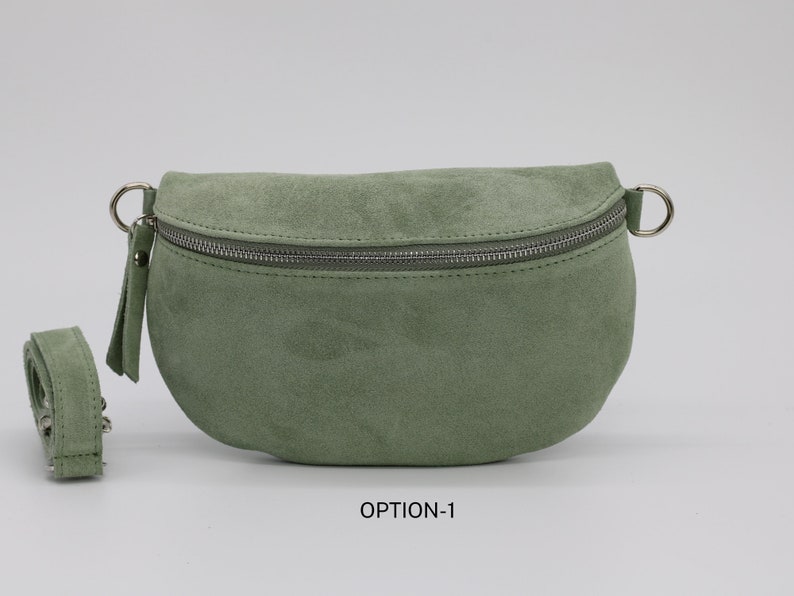 Wildleder Mint Grüne Leder Bauchtasche für Frauen mit extra gemusterten Riemen, Leder Schultertasche, Crossbody Tasche mit verschiedenen Größen Option-1