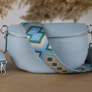 Light Blue Leather Belly Bag for Women with extra Patterned Straps, Leather Shoulder Bag, Crossbody Bag with Different Sizes