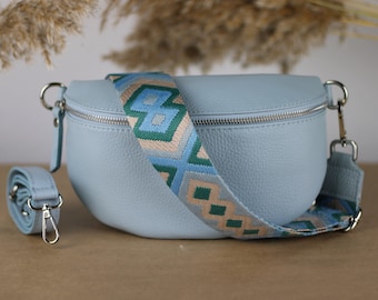 Sac ventre en cuir bleu clair pour femme avec bretelles à motifs supplémentaires, sac à bandoulière en cuir, sac à bandoulière de différentes tailles