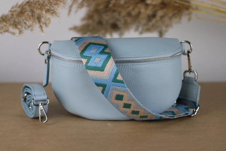 Light Blue Leather Belly Bag for Women with extra Patterned Straps, Leather Shoulder Bag, Crossbody Bag with Different Sizes