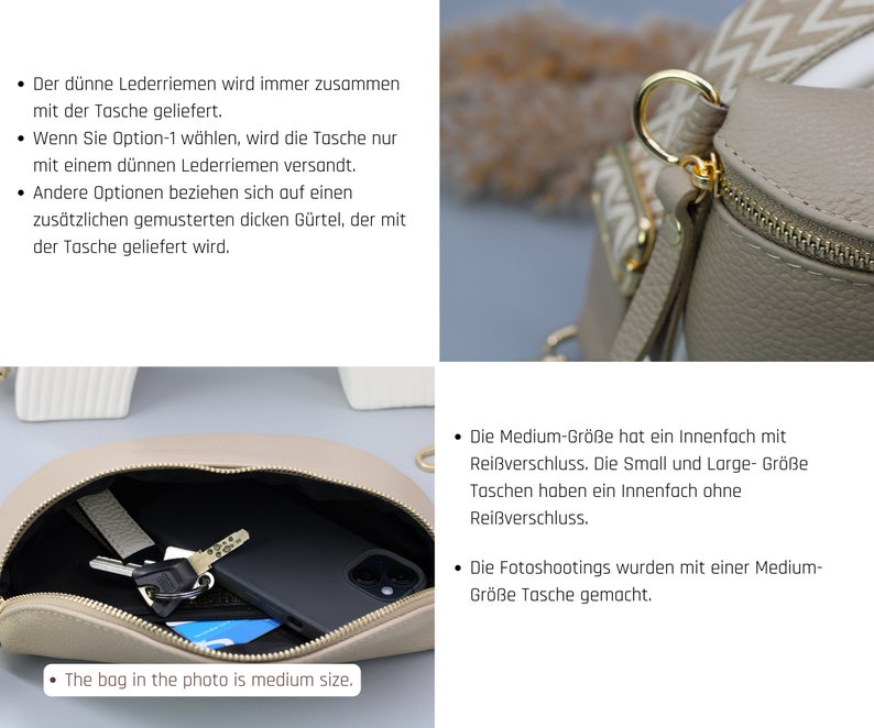 Taupe gouden leren buiktas voor dames met extra patroonriemen, leren schoudertas, crossbodytas met verschillende maten afbeelding 10