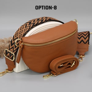 Sac de ventre en cuir doré brun cognac pour femmes avec sangles à motifs supplémentaires, sac à bandoulière en cuir, sac crossbody de différentes tailles Option-8